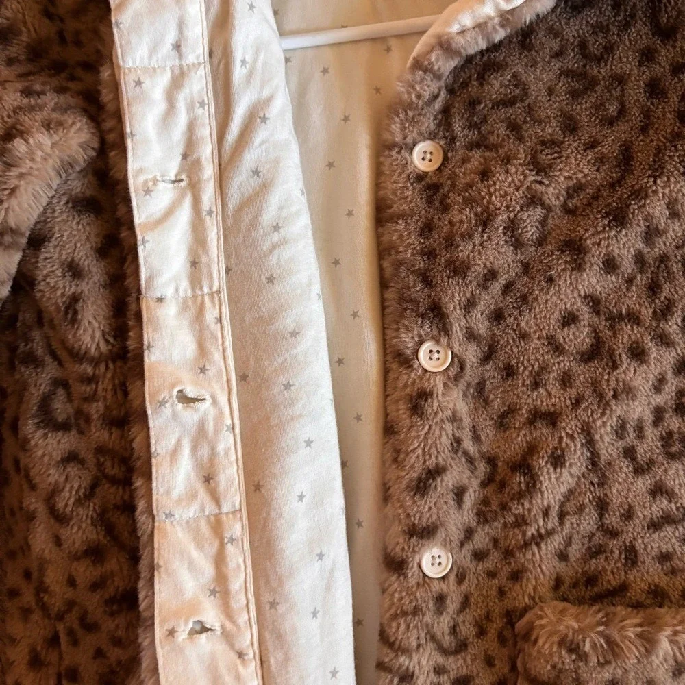 Boden Kids Leopard Print Faux Fur Coat Brown Tan Star Lining 9-10Y 140cm G0847